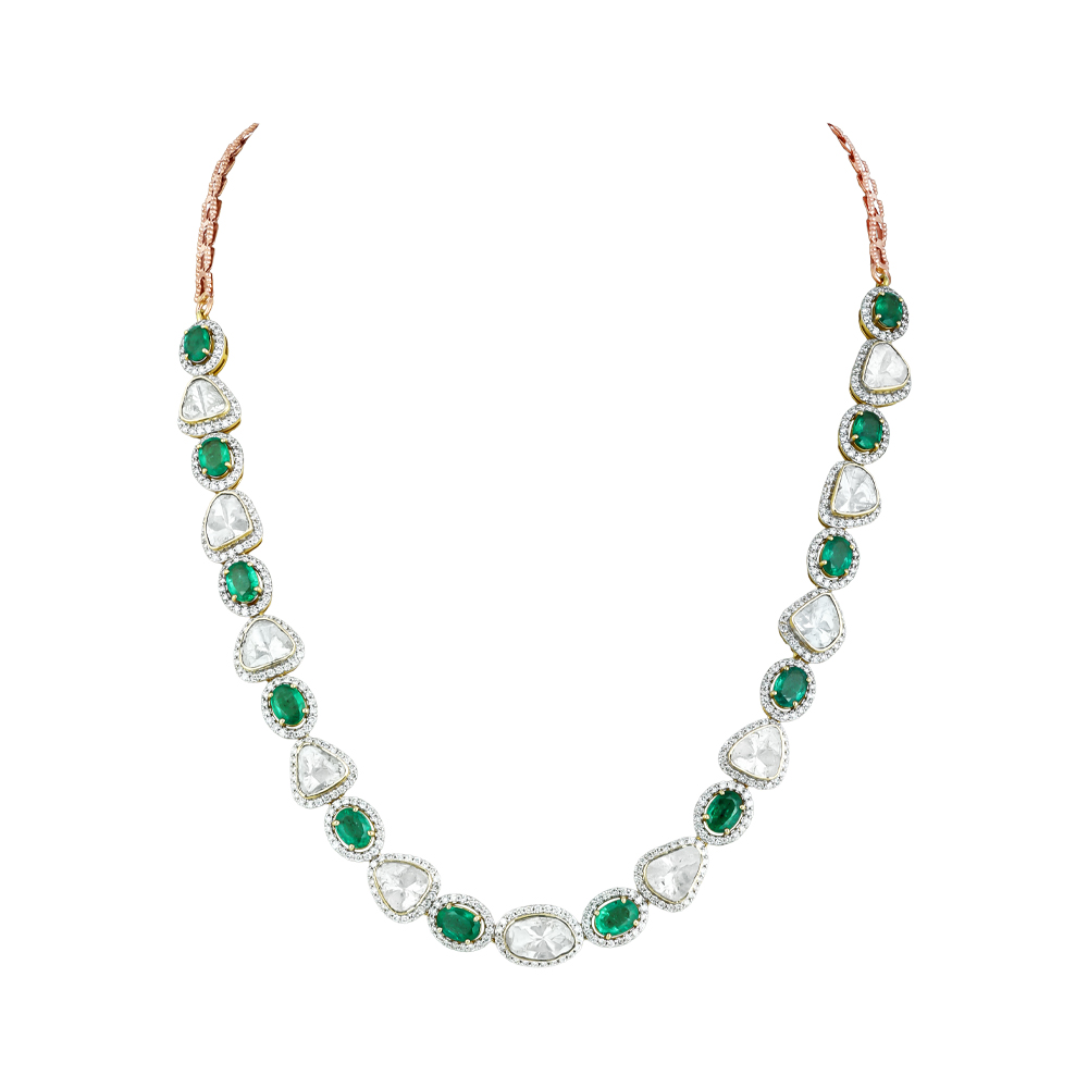 Oval Emerald Necklace with Unshaped Polki & Diamond Halo Borders